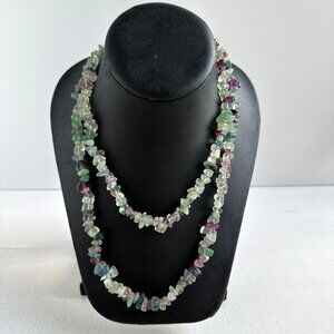 Natural Fluorite Chip Necklace, 35" Long Polished Gemstone Strand, Green & Purpl